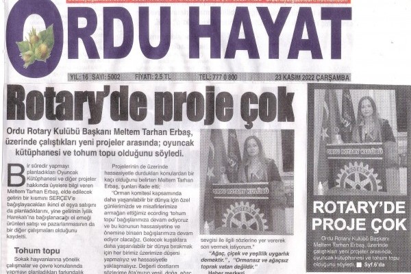 Ordu Rotary Kulübü Başkanı Rtn. Meltem Erbaş’ın bu haftaki mesajı “ Rotary’de Proje Çok “ ve “Proje Üretmeye Devam” başlığı  ile basında yer aldı.
