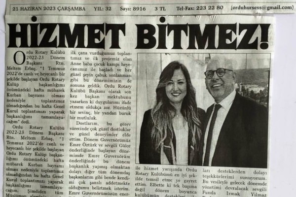 Ordu Rotary Kulübü Başkanı Rtn. Meltem Erbaş'ın bu haftaki mesajı basında yer aldı.