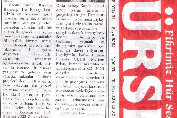 Başkanımız Rtn. Hakan Karakaş’ın Mayıs 2022 tarihli mektubu “Projeleri Devam Ettirecek” başlığı ile basında yer aldı.