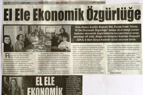 UR 2430. Bölge’nin Girişimci Kadınlar Projesi (GİKA)’nın Ordu’da Basında geniş bir şekilde yer aldı.