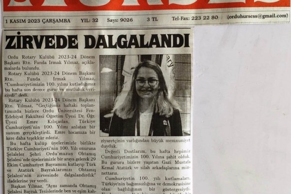 Ordu Rotary Kulübü Başkanı Rtn. Funda Irmak Yılmaz'ın bu haftaki mesajı "Zirvede Dalgalandı" başlığı ile basında yerini aldı.