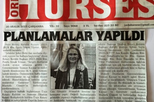 Ordu Rotary Kulübünün 20 Aralık 2023 Tarihli Basın Haberi..