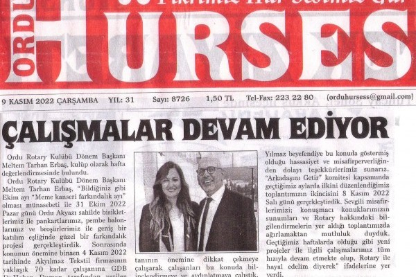 Ordu Rotary Kulübü Başkanı Rtn. Meltem Erbaş'ın Mesajı "Çalışmalar Devam Ediyor" başlığı ile basında yer aldı.