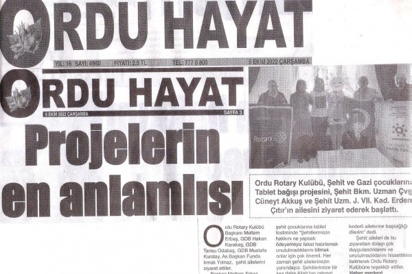 Ordu Rotary Kulübünün taplet etkiliğine basın geniş yer verdi