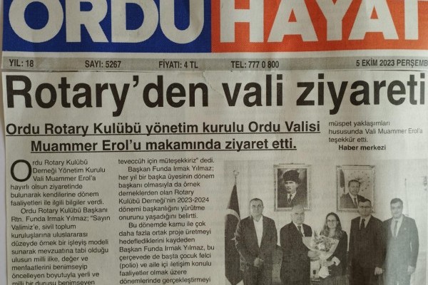 Ordu Rotary Kulübünün Valimiz Sn. Muammer Erol’a ziyareti ile ilgili basın haberleri.