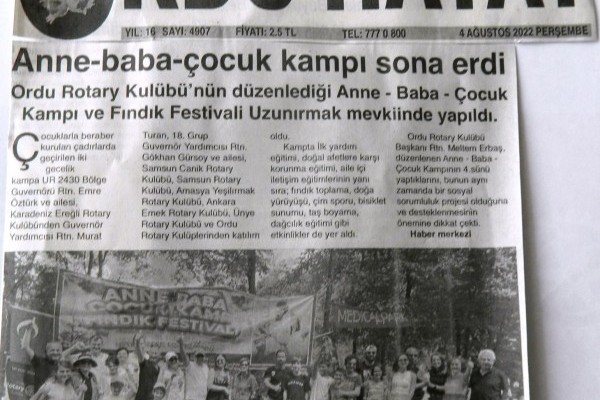 Ordu Rotary Kulübünün Anne -Baba - Çocuk Kampı etkinliğimiz  basında yer aldı.