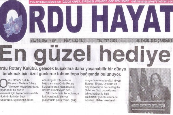 Ordu Rotary Kulübü Başkanı Rtn. Meltem Erbaş’ ın bu haftaki mesajı yere basında yer aldı.