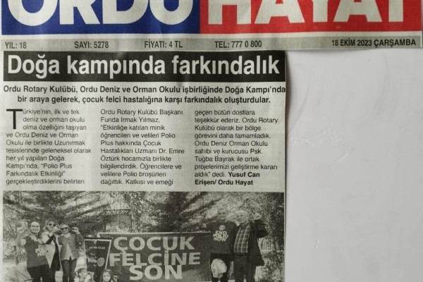 Ordu Rotary Kulübü bu hafta gerçekleştirdiği, Çocuk Felcine Son farkındalık etkinliği basında yer aldı.