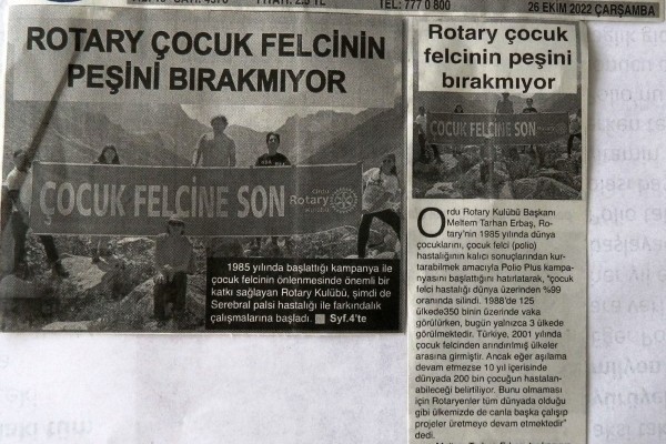 Ordu Rotary Kulübü Başkanı Rtn. Meltem Erbaş'ın Polio ile ilgili mesajı basında yer aldı.