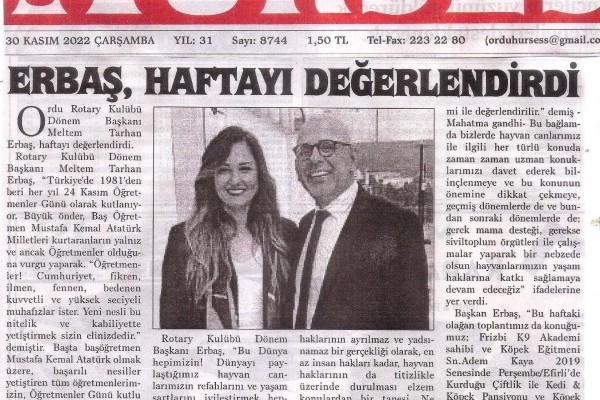 Ordu Rotary Kulübü Başkanı Rtn. Meltem Erbaş'ın bu haftaki mesajı "Erbaş, Haftayı Değerlendirdi" başlığı  ile basında yer aldı.