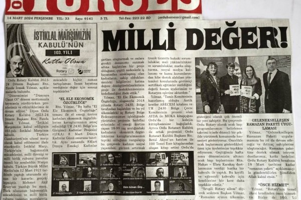 Ordu Rotary Kulübü başkanı Rtn. Funda Irmak Yılmaz’ın bu haftaki mesajı ve Kulübümüzün etkinliği  ile ilgili basın haberleri..