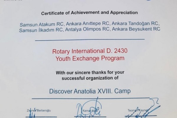 ANTALYA OLİMPOS ROTARY KULÜBÜ 'DİSCOVER ANATOLİA' PROJESİ SERTİFİKASI