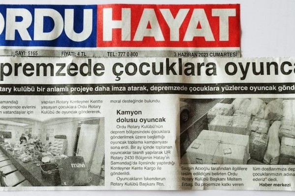 Depremzede Çocuklara Oyuncak Projemiz Basında yer aldı..