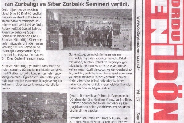 Ordu Rotary Kulübünün Akran Zorbalığı ve Siber Zorbalık ile ilgili semineri basında yer aldı.