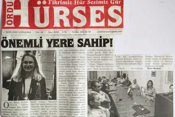 Ordu Rotary Kulübü Başkanı Rtn. Funda Irmak Yılmaz’ın bu haftaki mesajı basında yer aldı.