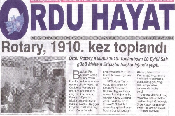 Ordu Rotary Kulübünün 1910. Toplantısına basın yer yerdi.