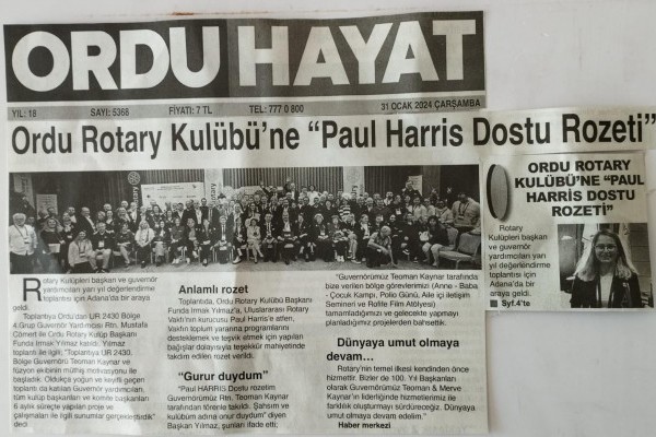 Ordu Rotary Kulübünün 31 Ocak 2024 tarihli yerel gezete haberi
