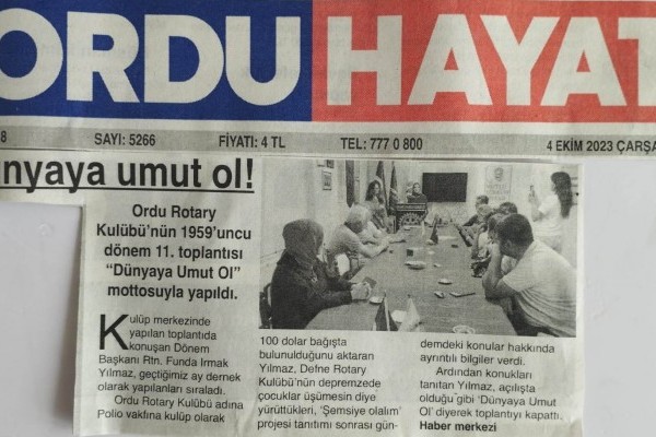 Ordu Rotary Kulübünün 04 Ekim 2023 tarihinde basında çıkan haberleri