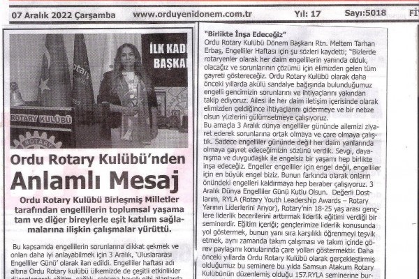 ORDU ROTARY KULÜBÜ BAŞKANI MELTEM ERBAŞ'IN MESAJI