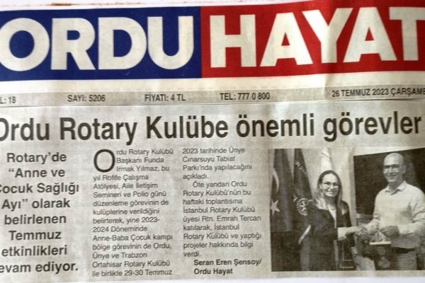Ordu Rotary Kulübü Başkanı Funda Irmak Yılmaz’ın bu haftaki mesajını (26.07.2023) basında yer aldı.