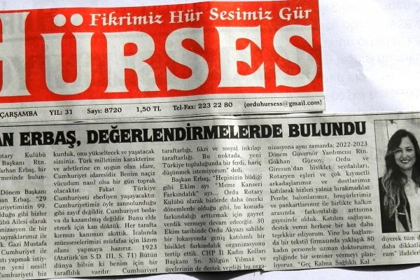 ORDU ROTARY KULÜBÜ BAŞKANININ BU HAFTAKİ MESAJI BASINDA YER ALDI.