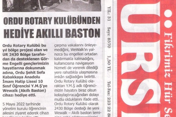 Ordu Rotary Kulübünün Akıllı Baston Projesi Basında Yer Aldı