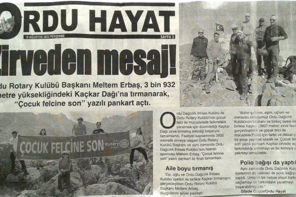 Ordu Rotary Kulübünün Polio (Çocuk Felci) Farkındalık Etkinliği ZİRVEDEN MESAJ başlığı ile Basında yer aldı.