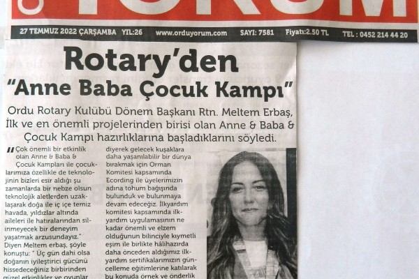 Ordu Rotary Kulübünün 1901 Toplantısı ve bu hafta sonu gerçekleştireceği Anne –Baba Çocuk Kampı projesi basında yer aldı.