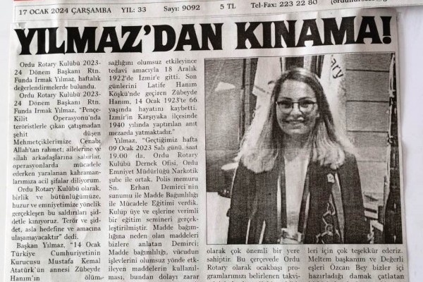 Ordu Rotary Kulübü Başkanı Rtn. Funda Irmak Yılmaz’ın bu haftaki mesajı basında yer aldı.