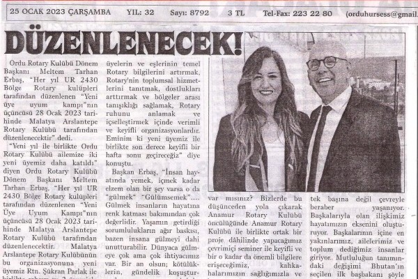 ORDU ROTARY KULÜBÜNÜ BAŞKANI MELTEM ERBAŞ'IN 25 OCAK 2023 TARİHLİ MESAJI