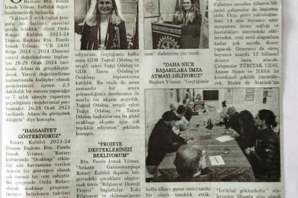 Ordu Rotary Kulübünün bu hafta basında çıkan haberleri