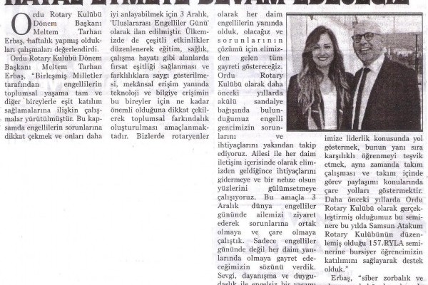 Ordu Rotary Kulübü Başkanı Rtn. Meltem Erbaş’ın 206 Aralık 2022 tarihli mesajı “Hayal Etmeye Devam Edeceğiz” başlığı  ile basında yer aldı.