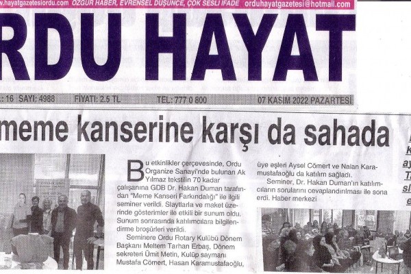Ordu Rotary Kulübünün Erken Tanı Hayat Kurtarır Etkiliğimiz Basında Yer Aldı.