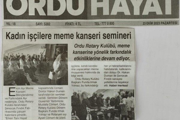 ORDU ROTARY KULÜBÜNÜN “ERKEN TANI HAYAT KURTARIR” MEME KANSERİ FARKINDALIK ETKİNLİĞİMİZ BASINDA YER ALDI