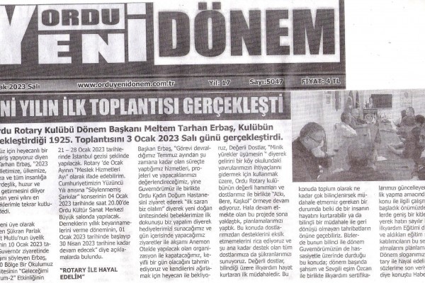 Ordu Rotary Kulübünün 10 Ocak 2023 tarihli basın haberi...