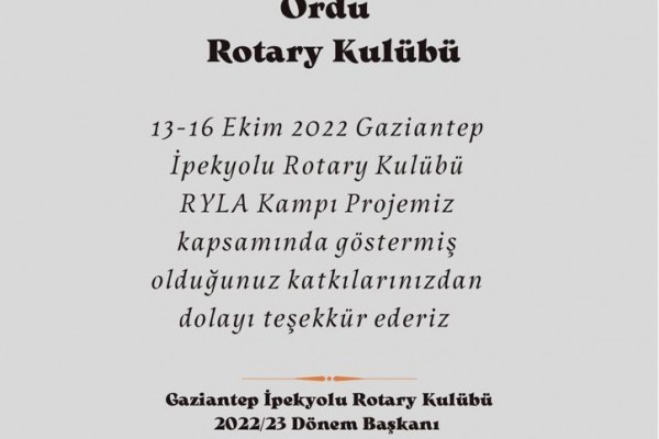 ORDU ROTARY KULÜBÜ 156.RYLA SEMİNERİNDE 1 KATILIMCIYA SPONSOR OLDU.