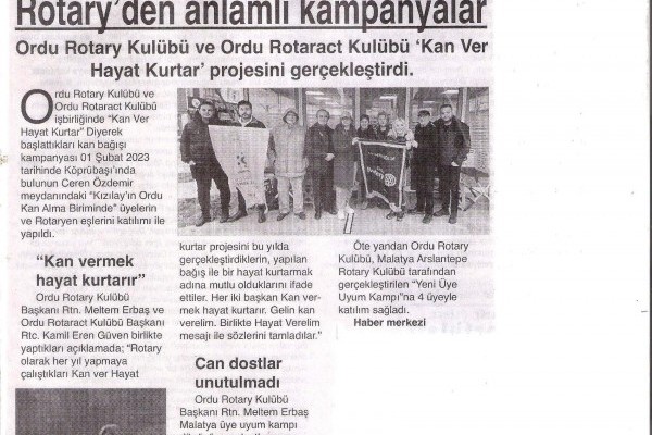 Ordu Rotary Kulübü Kan Bağışı ve diğer etkinlikleri basında ver aldı.