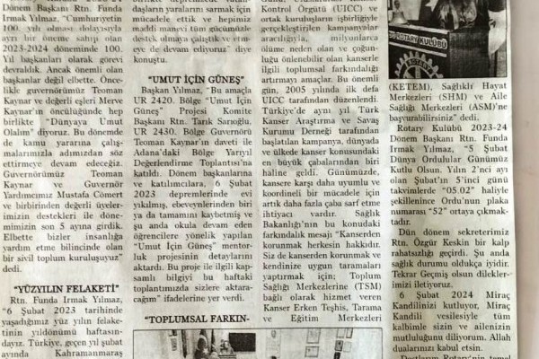 Ordu Rotary Kulübü Başkanı Rtn. Funda Irmak Yılmaz’ın, bu haftaki mesajı “Yüzyılın Felaketi” başlığı ile basında yer aldı.