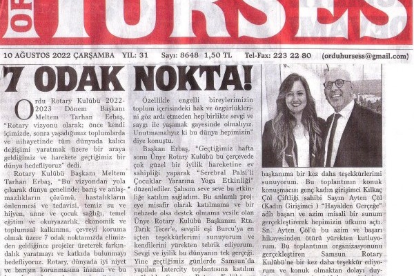 Ordu Rotary Kulbübü Başkanı Rtn. Meltem Erbaş’ı bu haftaki mesajı basında yer aldı.