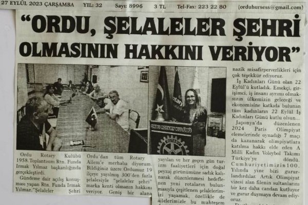 Ordu Rotary Kulübü Başkanı Rtn. Funda Irmak Yılmaz'ın bu haftaki mesajı basında.