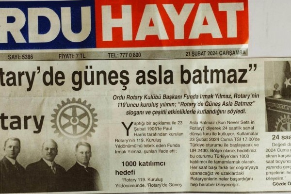 Ordu Rotary Kulübü Başkanı Rtn. Funda Irmak Yılmaz’ın Rotary’nin kuruluşunun 119. Yıldönümü ile ilgili mesajı " Rotary'de Güneş Asla Batmaz" başlığı ile yerel basın yer aldı.