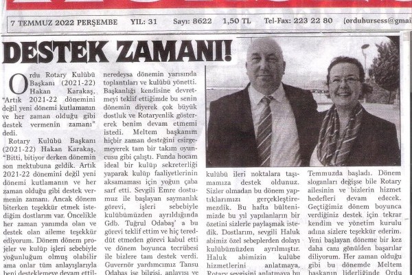 Ordu Rotary Kulübü 2021-2022 Dönem Başkanı Rtn. Hakan Karakaş’ın son mesajı basında yer aldı.