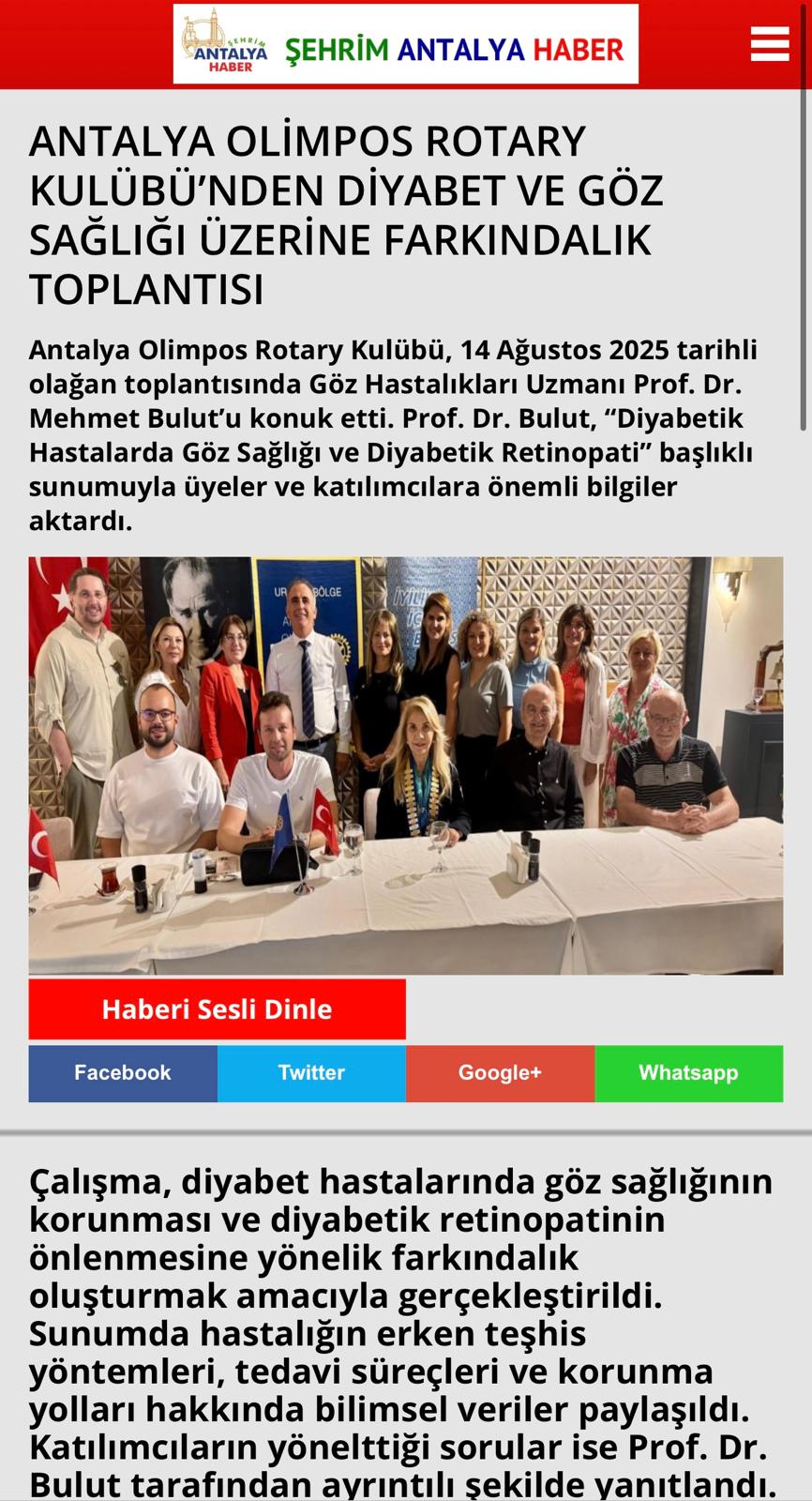 ANTALYA OLİMPOS RK'NÜN GÖZ SAĞLIĞI FARKINDALIK SEMİNERİ BASINDA YER ALDI
