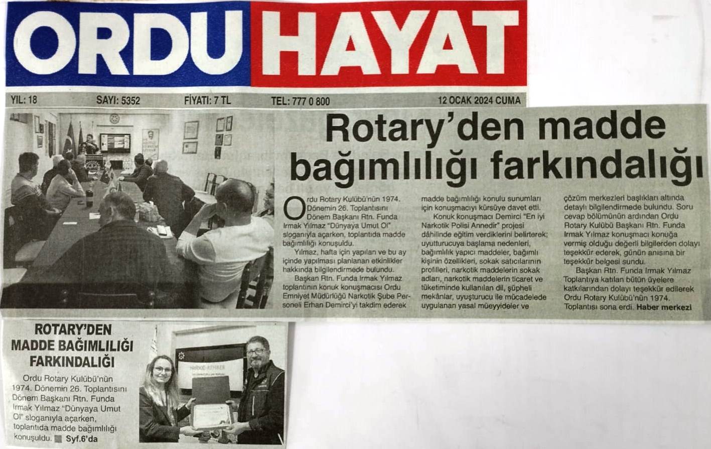 Ordu Rotary Kulübünün Madde Bağımlığı ile İlgili Basın Haberleri
