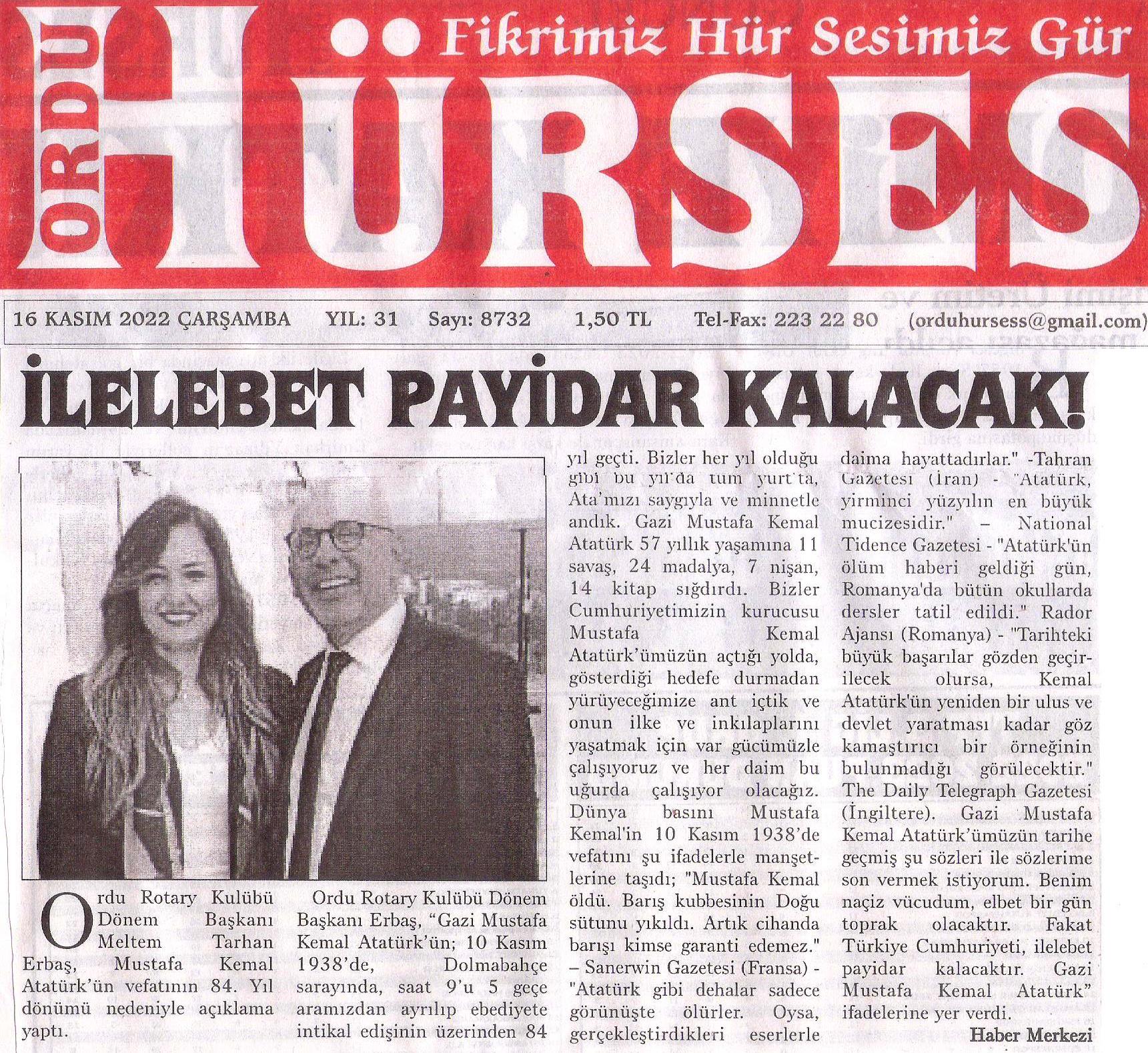 Ordu Rotary Kulübünün “Arkadaşının Getir Toplantısı ve Başkan Rtn. Meltem Erbaş’ın 10 Kasım Mesajı” basında yer aldı.