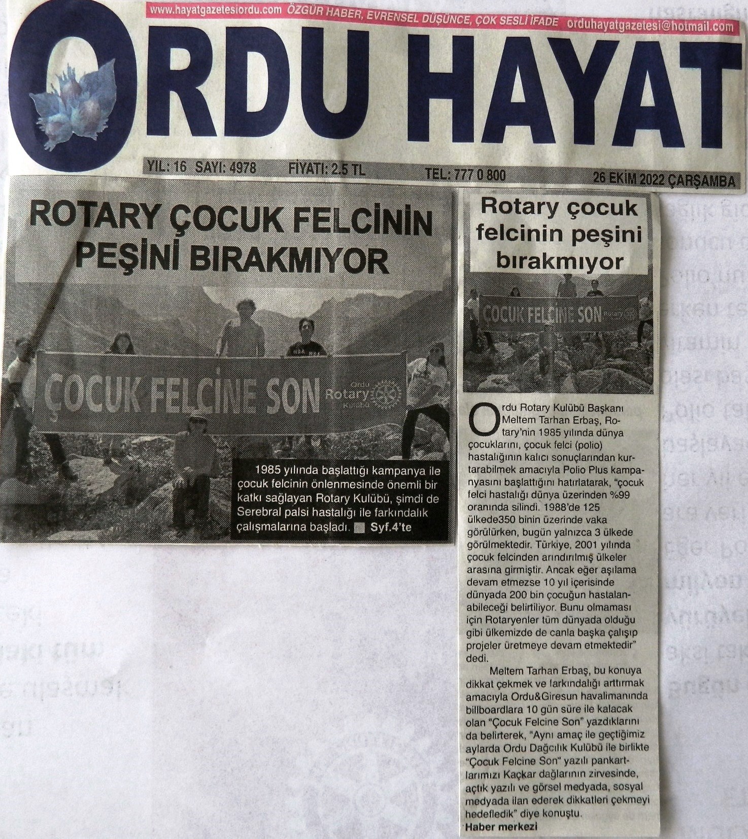 Ordu Rotary Kulübü Başkanı Rtn. Meltem Erbaş'ın Polio ile ilgili mesajı basında yer aldı.