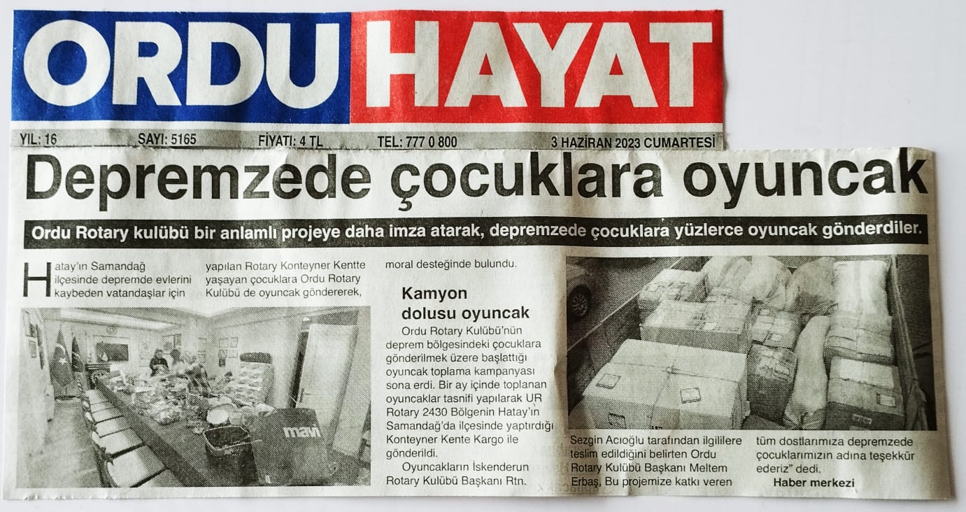 Depremzede Çocuklara Oyuncak Projemiz Basında yer aldı..