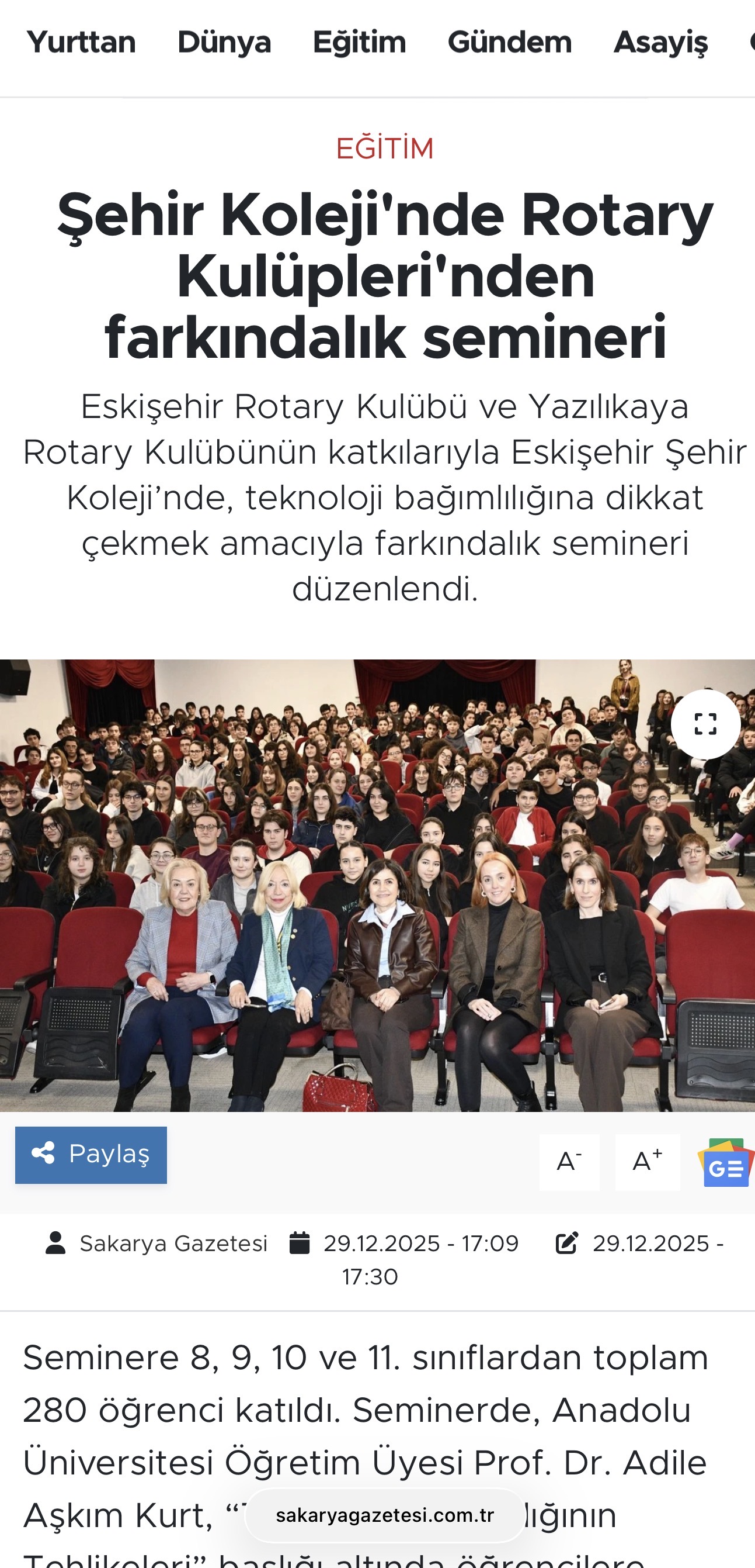 Şehir Kolejinde Rotary kulüplerinden farkındalık semineri