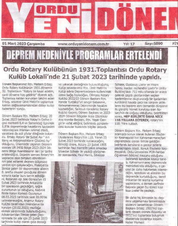 Ordu Rotary Kulübü Başkanı Rtn. Meltem Erbaş’ ın Depremle İlgili mesajı basında yer aldı.