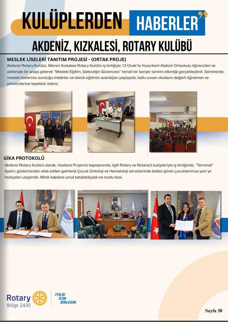 Akdeniz Rotary Kulübü Guvernör Aylık Mektubunda Kulüp Projesinin yayınlanması Projesi